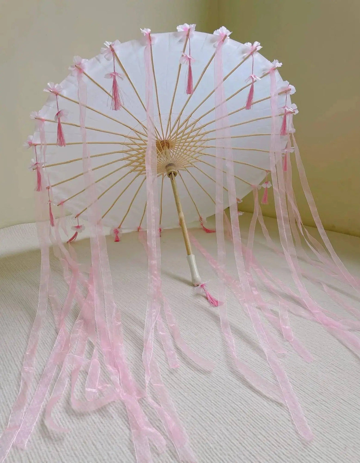 LED Chinese Japan Yarn Oiled Paper Silk Cloth Umbrella Costume Ancient Princess Umbrella Drama White Craft Umbrella Cosplay pink white - Tophatter Daily Deals