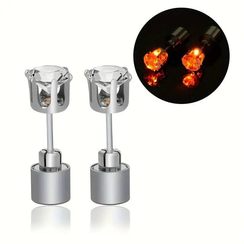 LED Flashing Color-Changing Earrings - Fashion Party Accessory, Glow in the Dark Cubic Zirconia Studs Orange 2pcs - Tophatter Daily Deals