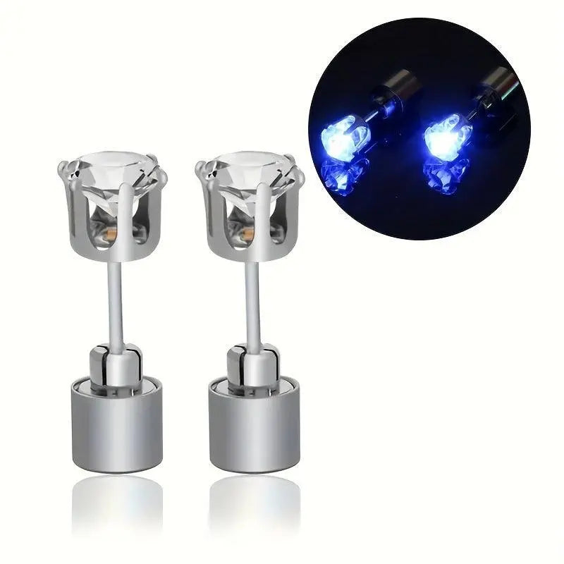 LED Flashing Color-Changing Earrings - Fashion Party Accessory, Glow in the Dark Cubic Zirconia Studs Blue 2pcs - Tophatter Daily Deals