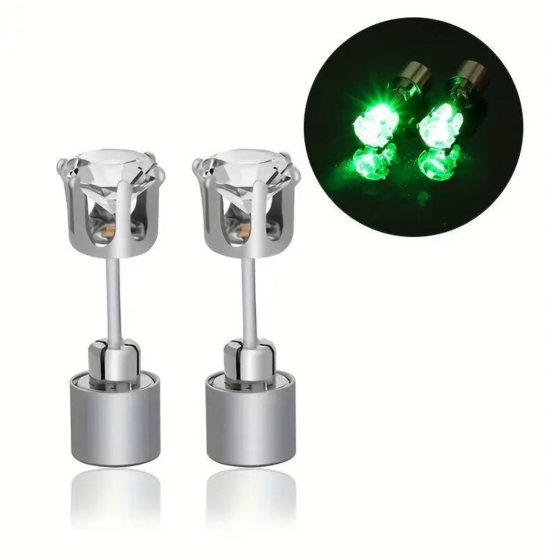 LED Flashing Color-Changing Earrings - Fashion Party Accessory, Glow in the Dark Cubic Zirconia Studs Green 2pcs - Tophatter Daily Deals