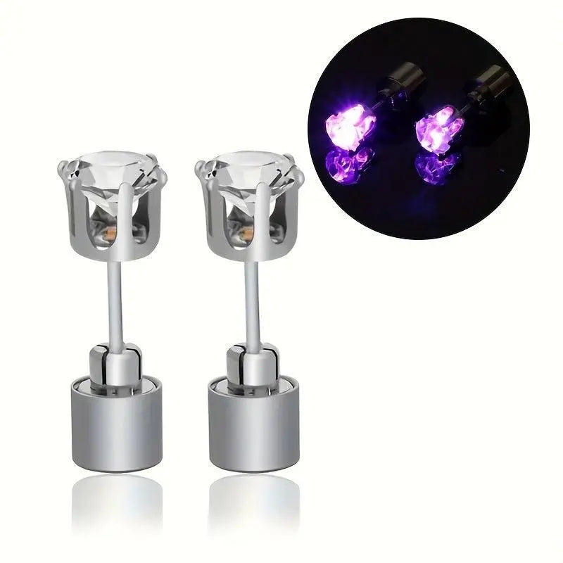 LED Flashing Color-Changing Earrings - Fashion Party Accessory, Glow in the Dark Cubic Zirconia Studs Purple 2pcs - Tophatter Daily Deals