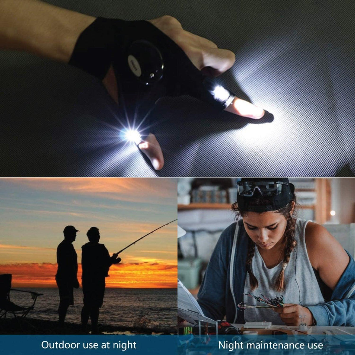 Gloves With Lights on Fingers - 1 Pair Finger Gloves with LED Light Flashlight Tools Outdoor Gear Rescue Torch Handy Mechanic Tool Night Fishing Light Gloves - Tophatter Daily Deals