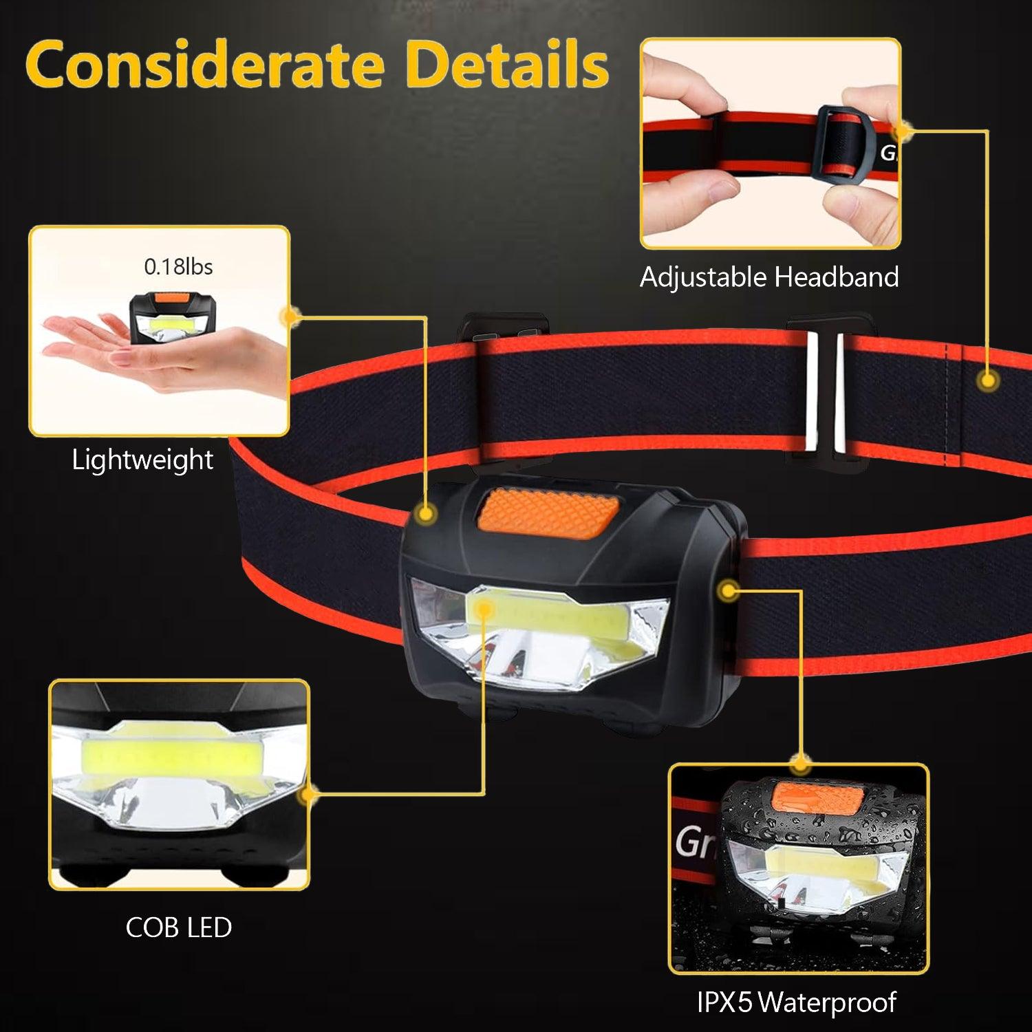 LED Head Torch - 2 Pack COB Headlamp Super Bright Headlight | Adjustable with 3 Modes, Lightweight for Running, Camping, Fishing Apparel & Accessories - Tophatter Daily Deals