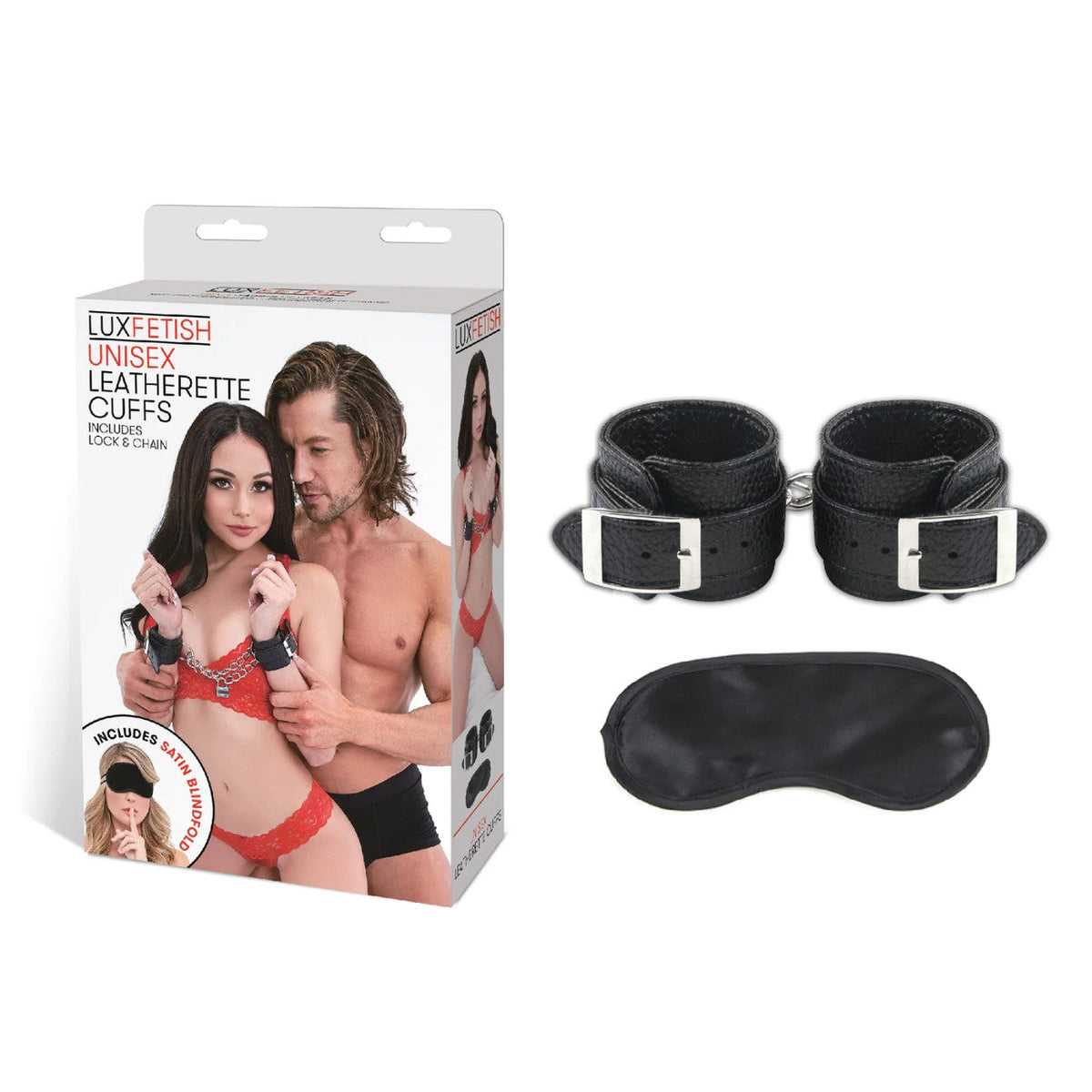 Lux Fetish Unisex Black Leatherette Cuffs with Lock, Chain, and Satin Blindfold > Bondage Gear > Restraints - Tophatter Daily Deals