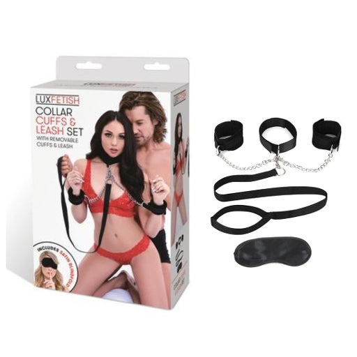 Lux Fetish Collar Cuffs and Leash Set with Removable Soft Plush Lined Cuffs and Adjustable Collar in Black > Bondage Gear > Restraints - Tophatter Daily Deals