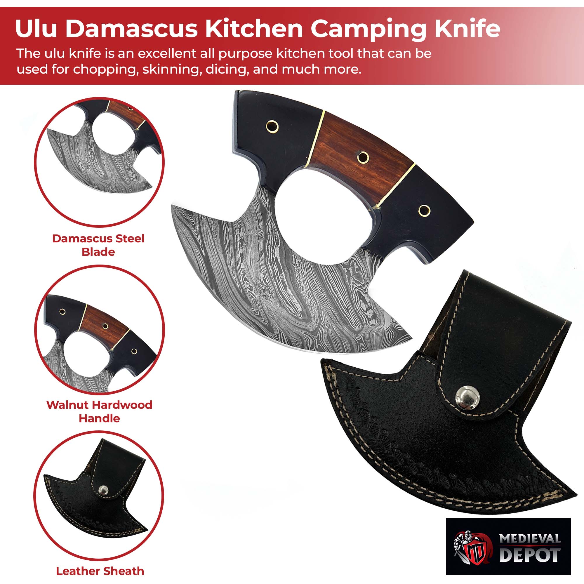 Live for Food Ulu Damascus Kitchen Camping Knife with Sheath Knives - Tophatter Daily Deals