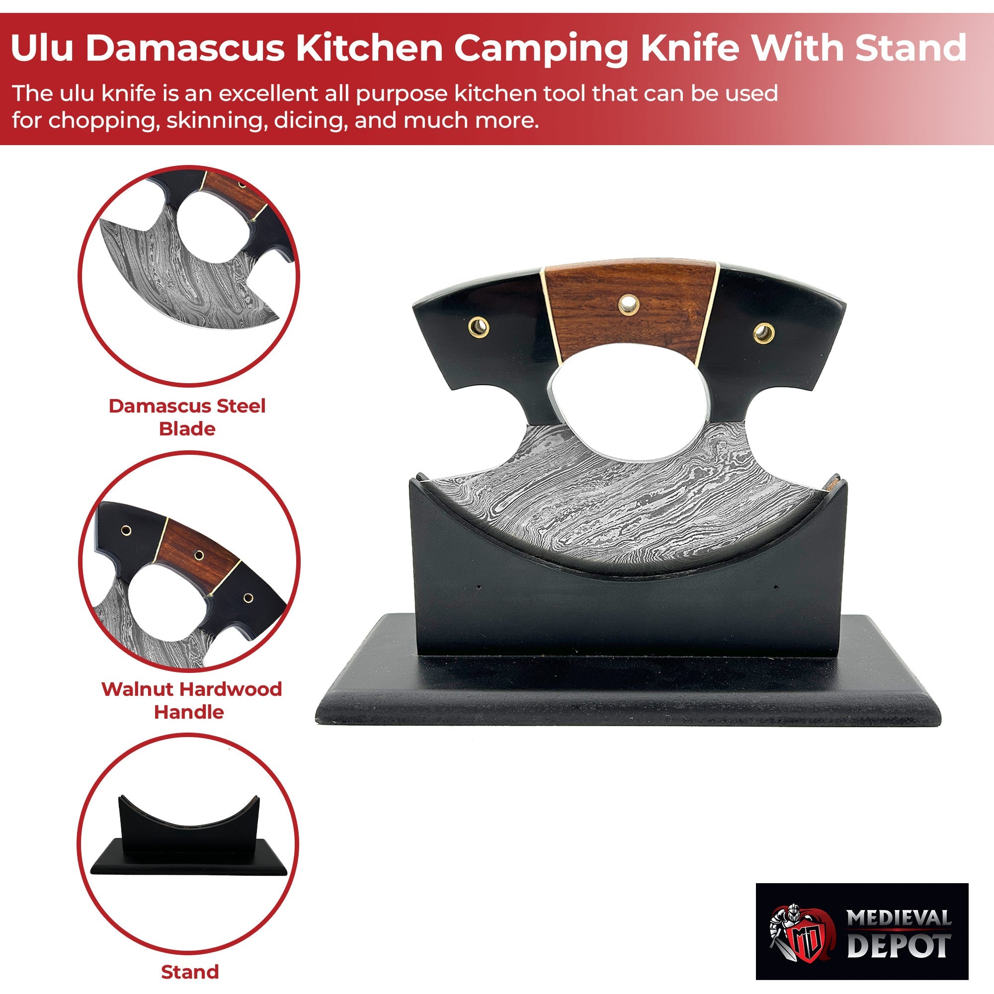 Live for Food Ulu Damascus Kitchen Camping Knife With Stand Knives - Tophatter Daily Deals