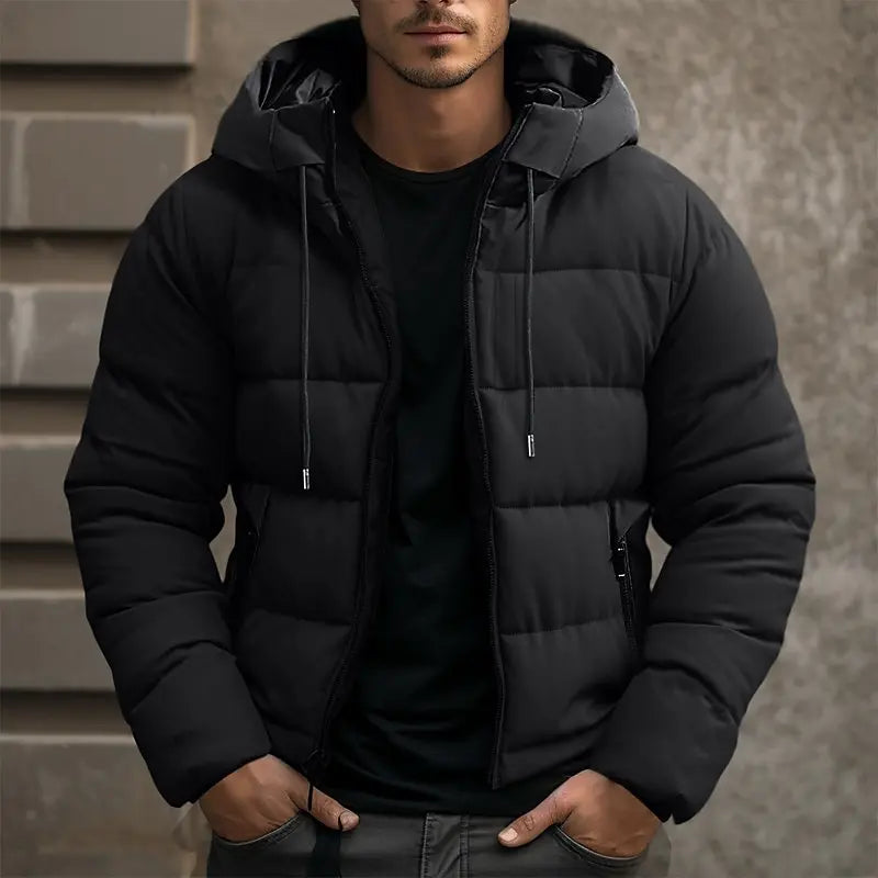 Warm Men's Puffer Jacket - Hooded, Insulated, Commuter Black - Tophatter Daily Deals
