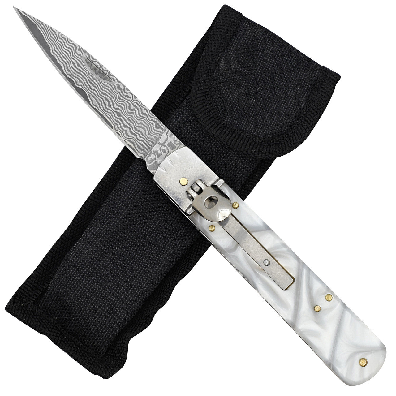 Killing Moon Automatic Damascus Steel Lever Lock Switchblade Knife - Tophatter's Inc. Weapons Store Online Collectible Weapons - Tophatter Daily Deals