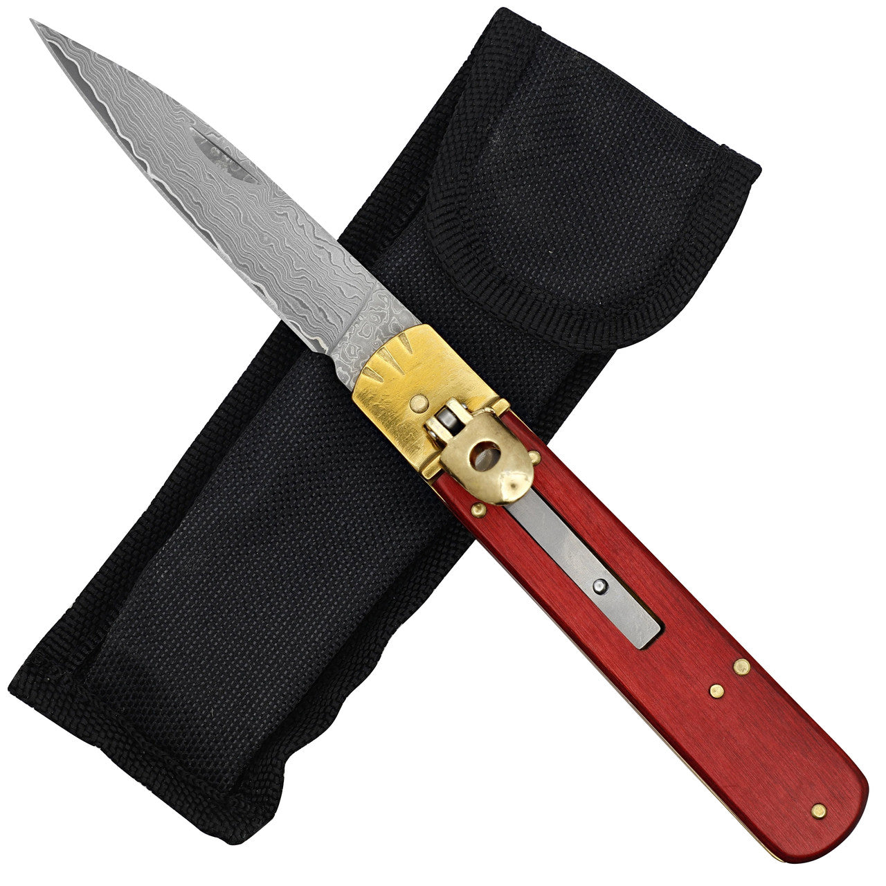 Red Pakkawood Handle Automatic Damascus Steel Lever Lock Switchblade Knife - Tophatter's Guns'N'Weapons Store Collectible Weapons - Tophatter Daily Deals