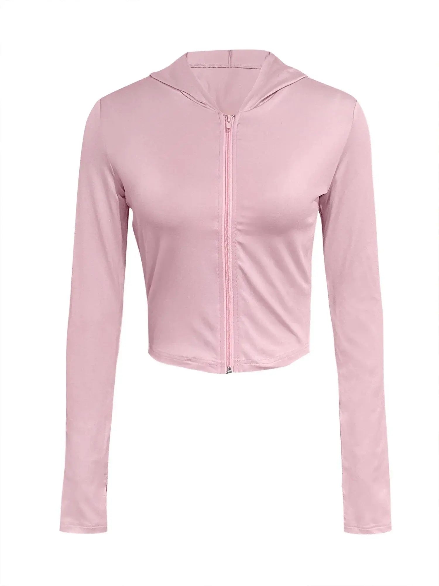 LW Hooded Collar Crop T-shirt Top Zip-up Solid Bare Waist T-shirt Slim Fit Long Sleeve Top For Spring & Fall Women's Plain Hoodi - Tophatter Daily Deals
