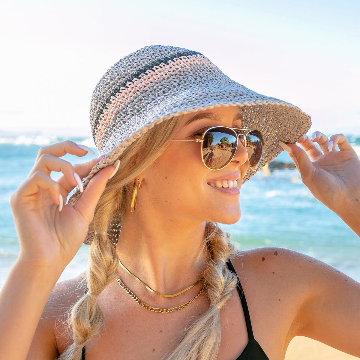 Stripe Accent Straw Hat Hats - Tophatter Daily Deals