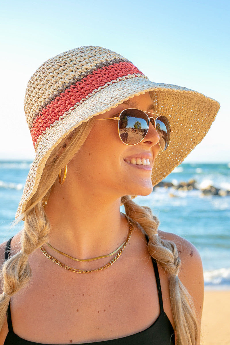 Stripe Accent Straw Hat Hats - Tophatter Daily Deals
