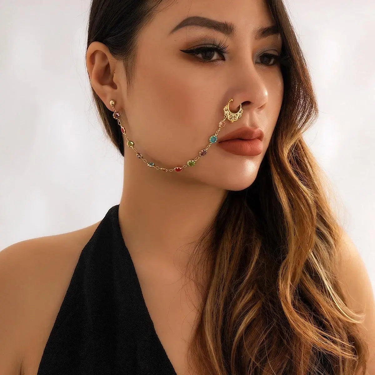 Lacteo Trendy Nose Rings for Women Connecting Earrings Black Green Small Crystal Beads Fake Nostril Piercing Clip Jewelry Ladies - Tophatter Daily Deals