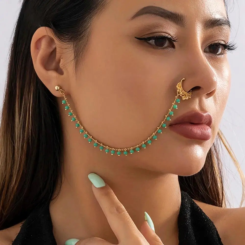 Lacteo Trendy Nose Rings for Women Connecting Earrings Black Green Small Crystal Beads Fake Nostril Piercing Clip Jewelry Ladies green - Tophatter Daily Deals