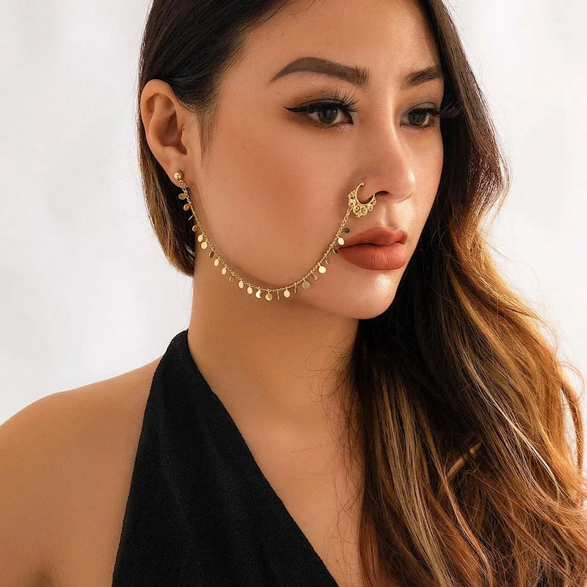 Lacteo Trendy Nose Rings for Women Connecting Earrings Black Green Small Crystal Beads Fake Nostril Piercing Clip Jewelry Ladies - Tophatter Daily Deals