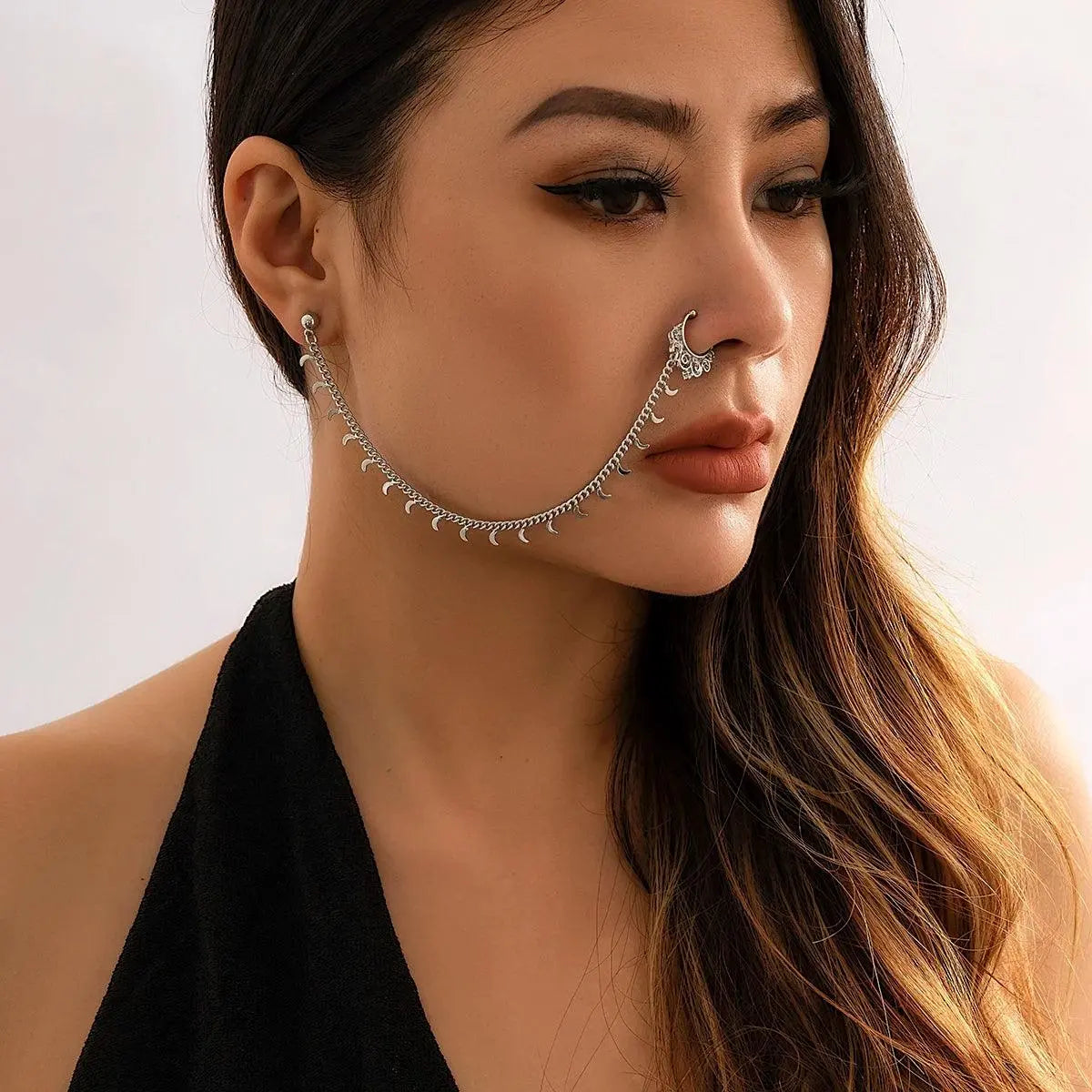 Lacteo Trendy Nose Rings for Women Connecting Earrings Black Green Small Crystal Beads Fake Nostril Piercing Clip Jewelry Ladies J00045-S - Tophatter Daily Deals