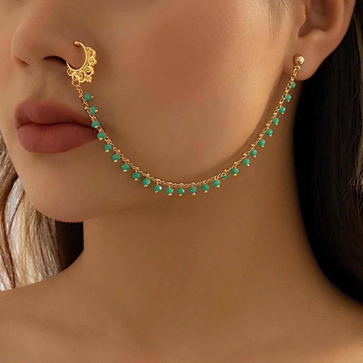 Lacteo Trendy Nose Rings for Women Connecting Earrings Black Green Small Crystal Beads Fake Nostril Piercing Clip Jewelry Ladies - Tophatter Daily Deals