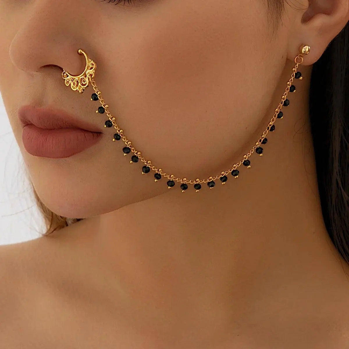Lacteo Trendy Nose Rings for Women Connecting Earrings Black Green Small Crystal Beads Fake Nostril Piercing Clip Jewelry Ladies - Tophatter Daily Deals