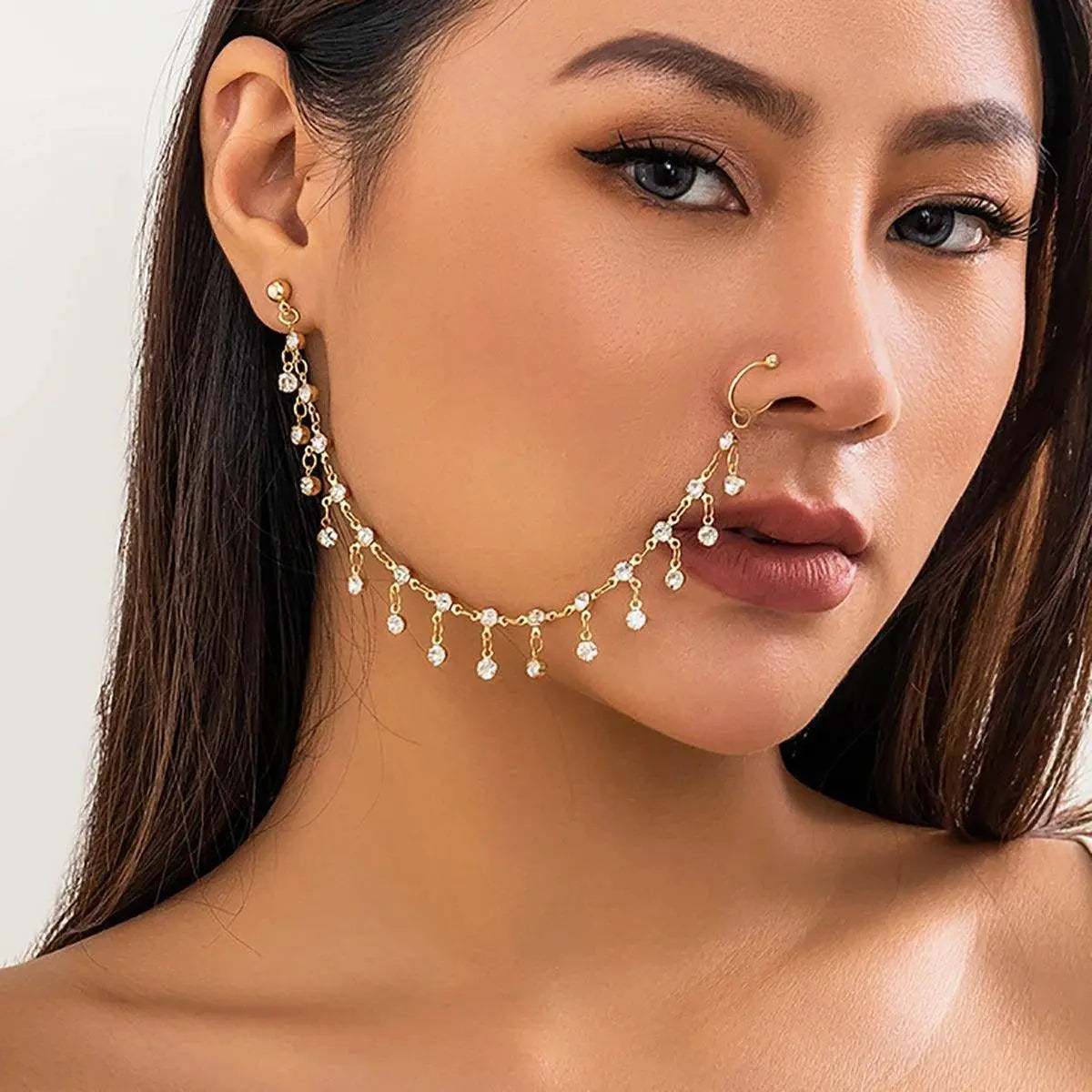 Lacteo Trendy Nose Rings for Women Connecting Earrings Black Green Small Crystal Beads Fake Nostril Piercing Clip Jewelry Ladies rhinestone 1 - Tophatter Daily Deals