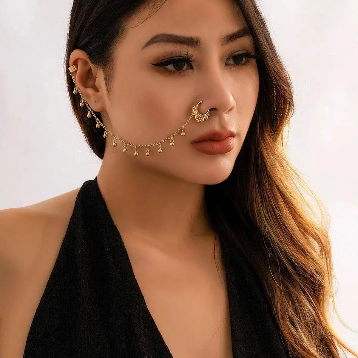 Lacteo Trendy Nose Rings for Women Connecting Earrings Black Green Small Crystal Beads Fake Nostril Piercing Clip Jewelry Ladies J00035-G - Tophatter Daily Deals