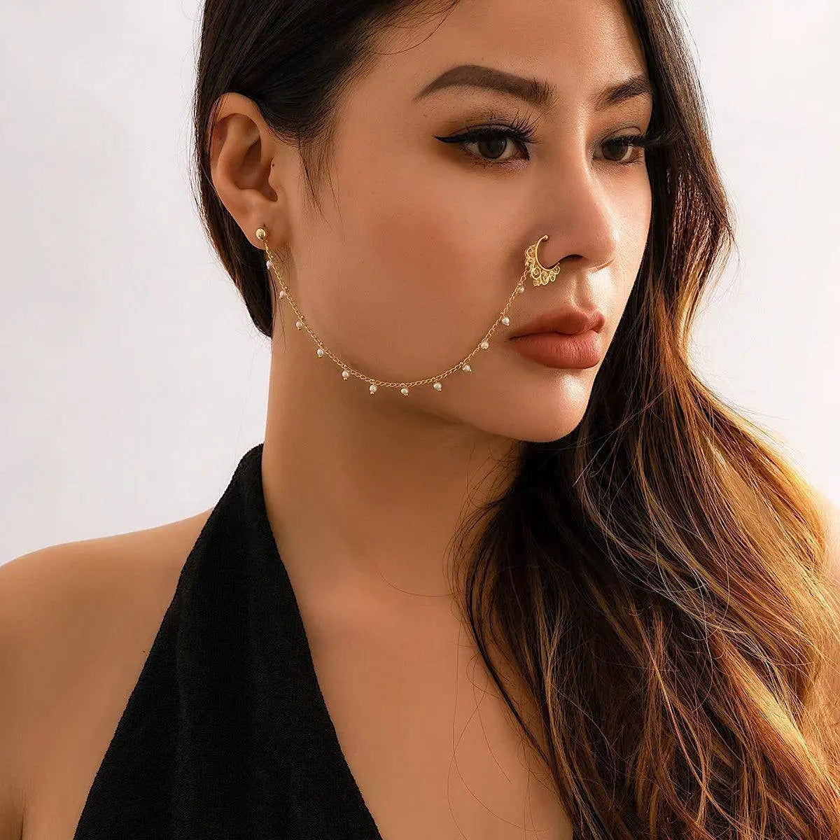 Lacteo Trendy Nose Rings for Women Connecting Earrings Black Green Small Crystal Beads Fake Nostril Piercing Clip Jewelry Ladies - Tophatter Daily Deals