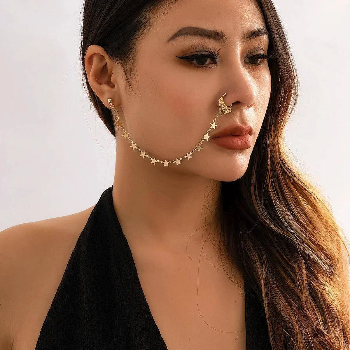 Lacteo Trendy Nose Rings for Women Connecting Earrings Black Green Small Crystal Beads Fake Nostril Piercing Clip Jewelry Ladies - Tophatter Daily Deals