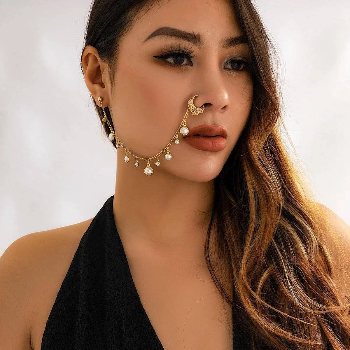 Lacteo Trendy Nose Rings for Women Connecting Earrings Black Green Small Crystal Beads Fake Nostril Piercing Clip Jewelry Ladies - Tophatter Daily Deals