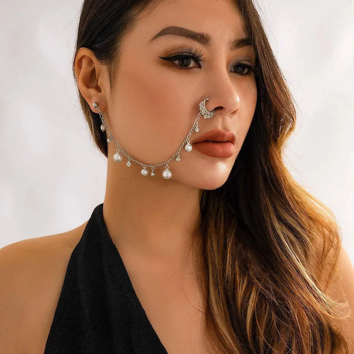 Lacteo Trendy Nose Rings for Women Connecting Earrings Black Green Small Crystal Beads Fake Nostril Piercing Clip Jewelry Ladies - Tophatter Daily Deals