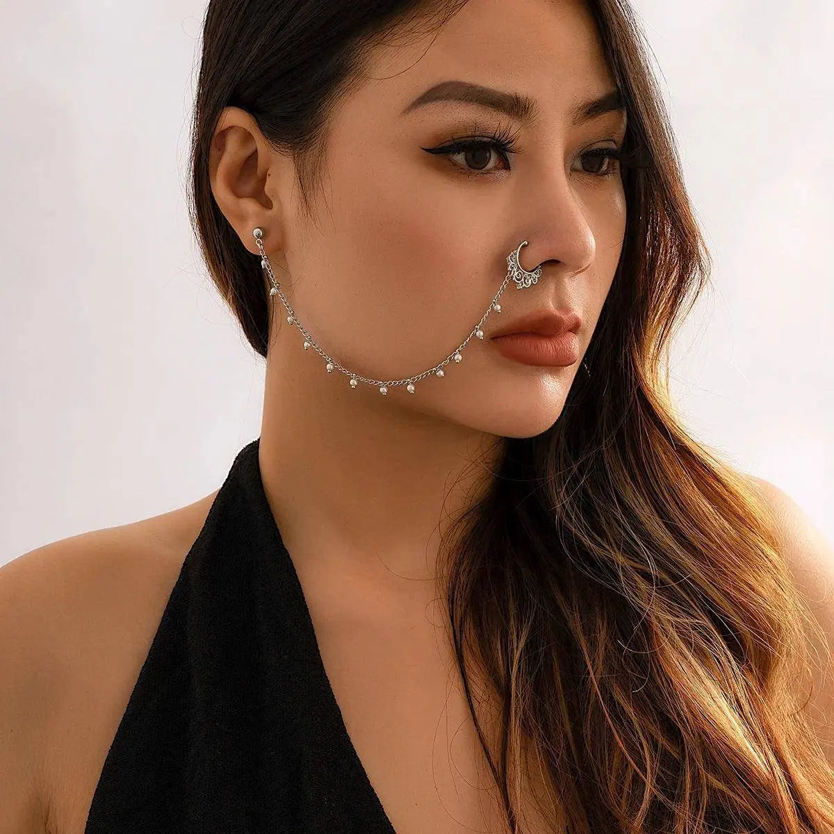 Lacteo Trendy Nose Rings for Women Connecting Earrings Black Green Small Crystal Beads Fake Nostril Piercing Clip Jewelry Ladies - Tophatter Daily Deals