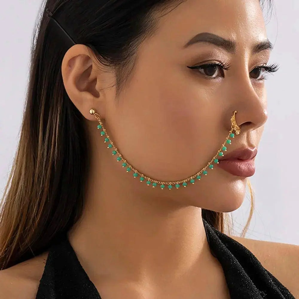 Lacteo Trendy Nose Rings for Women Connecting Earrings Black Green Small Crystal Beads Fake Nostril Piercing Clip Jewelry Ladies - Tophatter Daily Deals