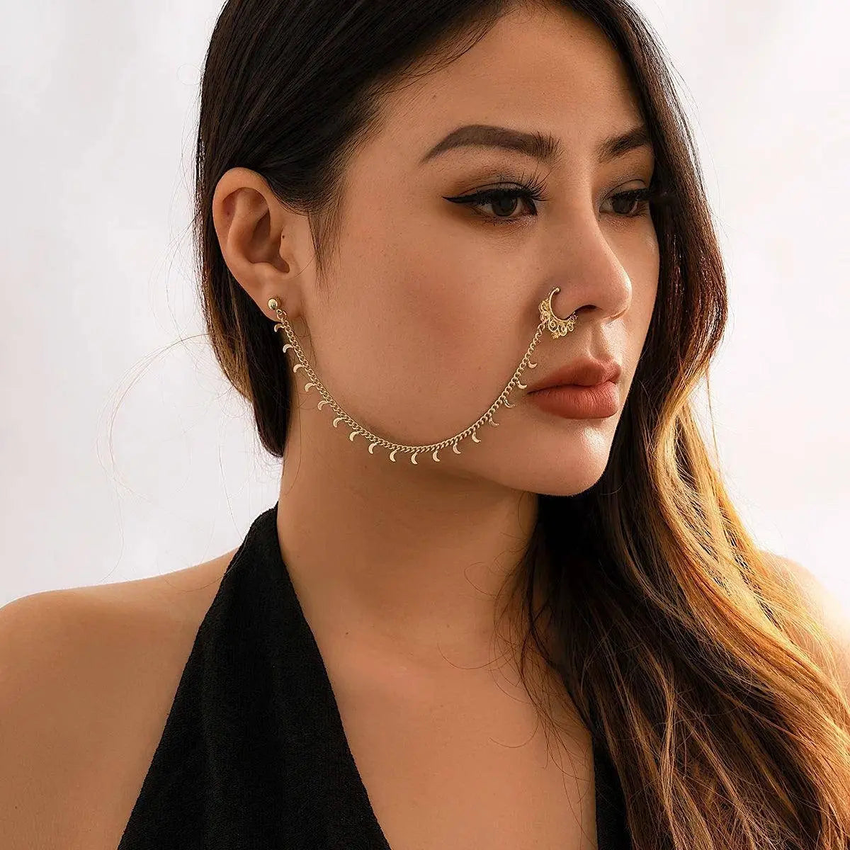 Lacteo Trendy Nose Rings for Women Connecting Earrings Black Green Small Crystal Beads Fake Nostril Piercing Clip Jewelry Ladies - Tophatter Daily Deals