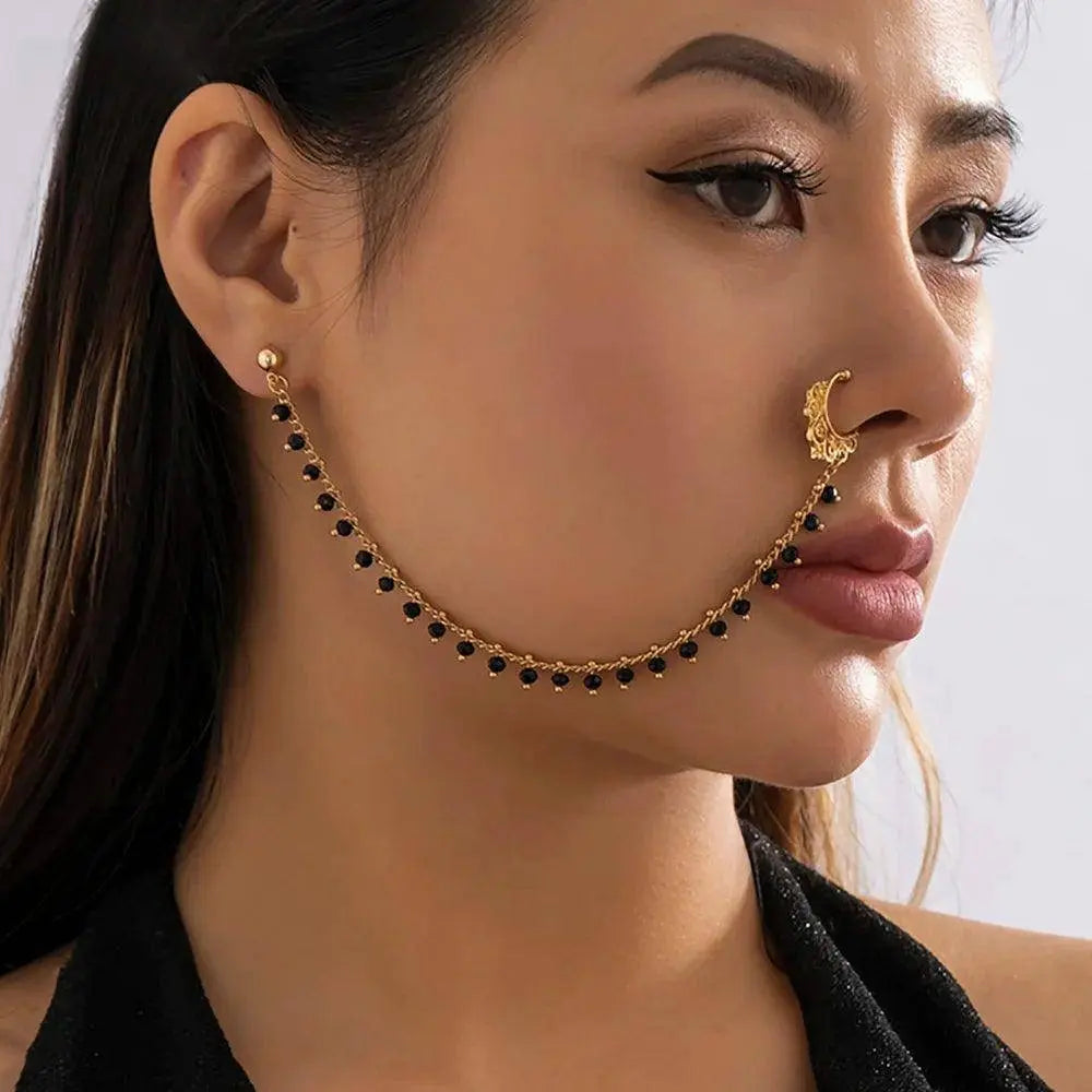 Lacteo Trendy Nose Rings for Women Connecting Earrings Black Green Small Crystal Beads Fake Nostril Piercing Clip Jewelry Ladies - Tophatter Daily Deals