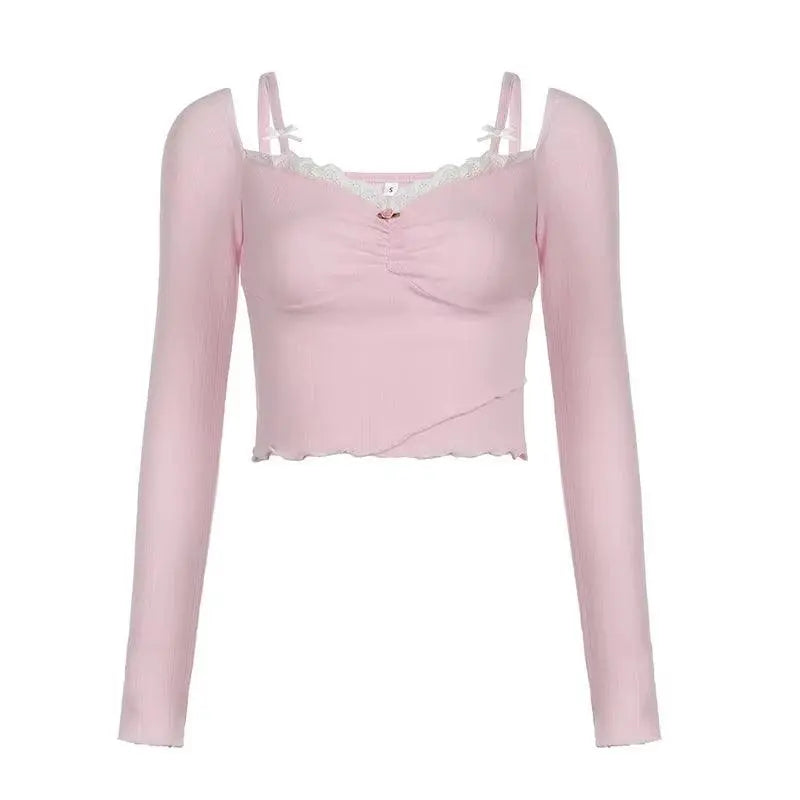 Lacy V-Neck Fitted Top with Sweet Stitching Pink clothing - Tophatter Daily Deals