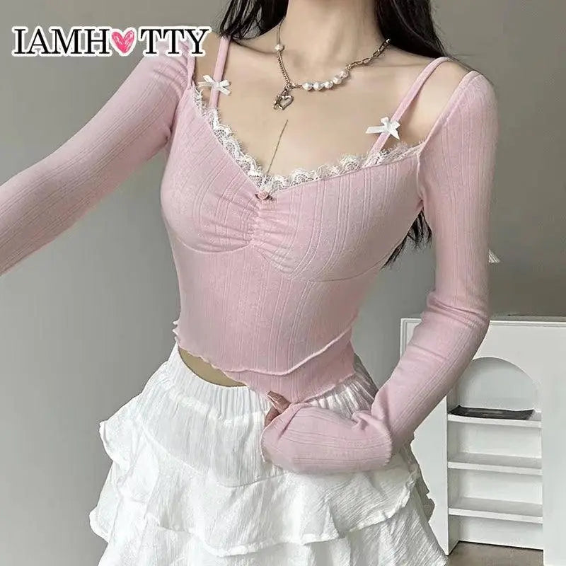 Lacy V-Neck Fitted Top with Sweet Stitching clothing - Tophatter Daily Deals
