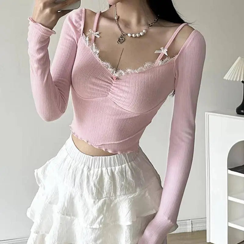 Lacy V-Neck Fitted Top with Sweet Stitching clothing - Tophatter Daily Deals