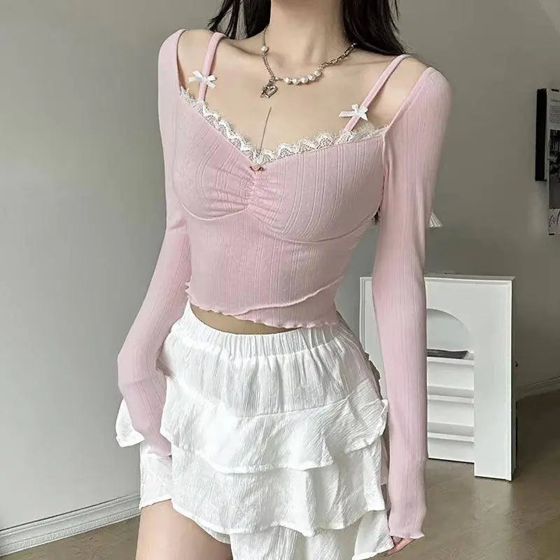 Lacy V-Neck Fitted Top with Sweet Stitching clothing - Tophatter Daily Deals