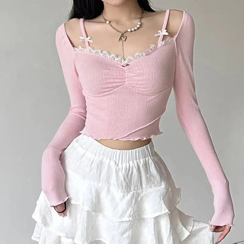 Lacy V-Neck Fitted Top with Sweet Stitching clothing - Tophatter Daily Deals