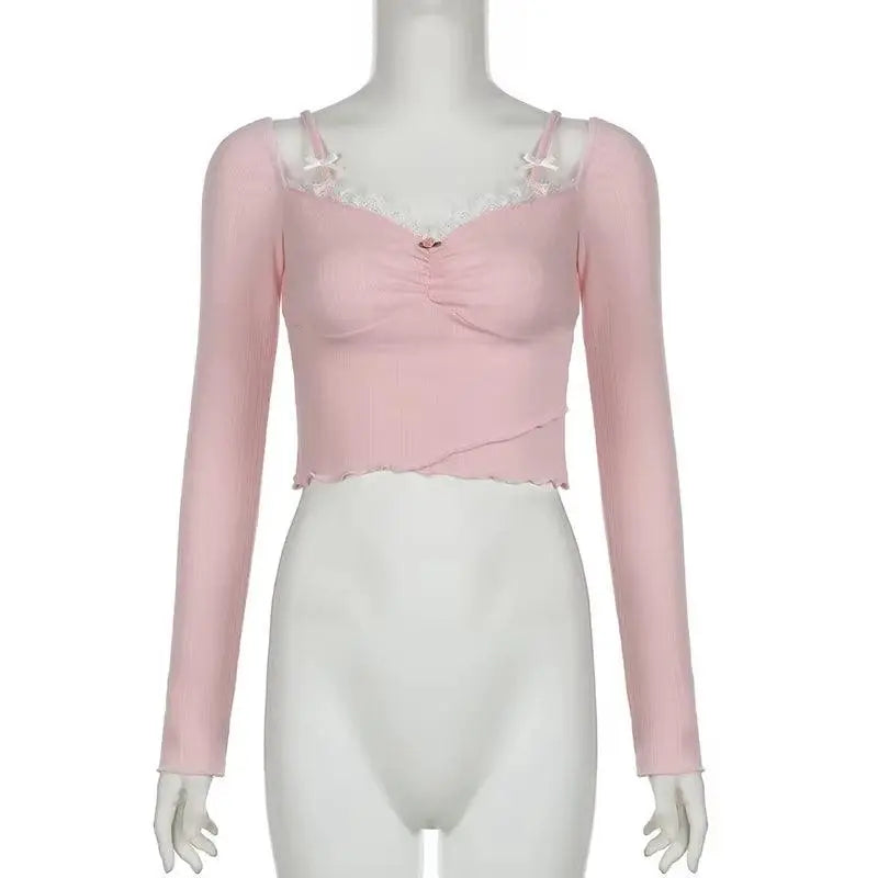 Lacy V-Neck Fitted Top with Sweet Stitching clothing - Tophatter Daily Deals