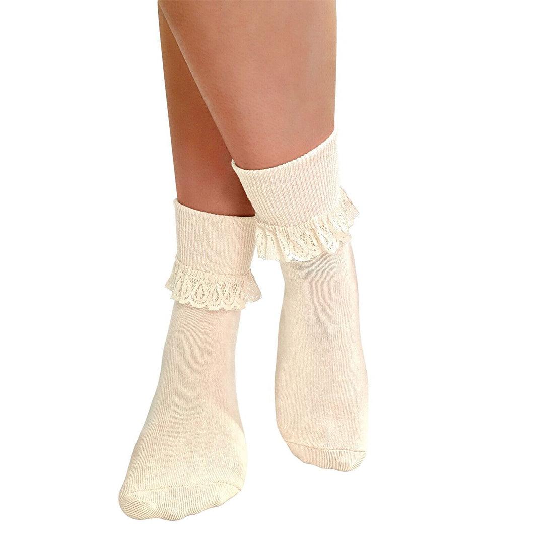 Lace Socks for Heels - Ladies Frilly Ankle Lace Socks Cute Crew Length Girls School Fashion Beige Apparel & Accessories - Tophatter Daily Deals