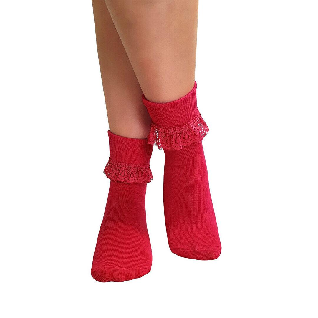 Lace Socks for Heels - Ladies Frilly Ankle Lace Socks Cute Crew Length Girls School Fashion Maroon Apparel & Accessories - Tophatter Daily Deals