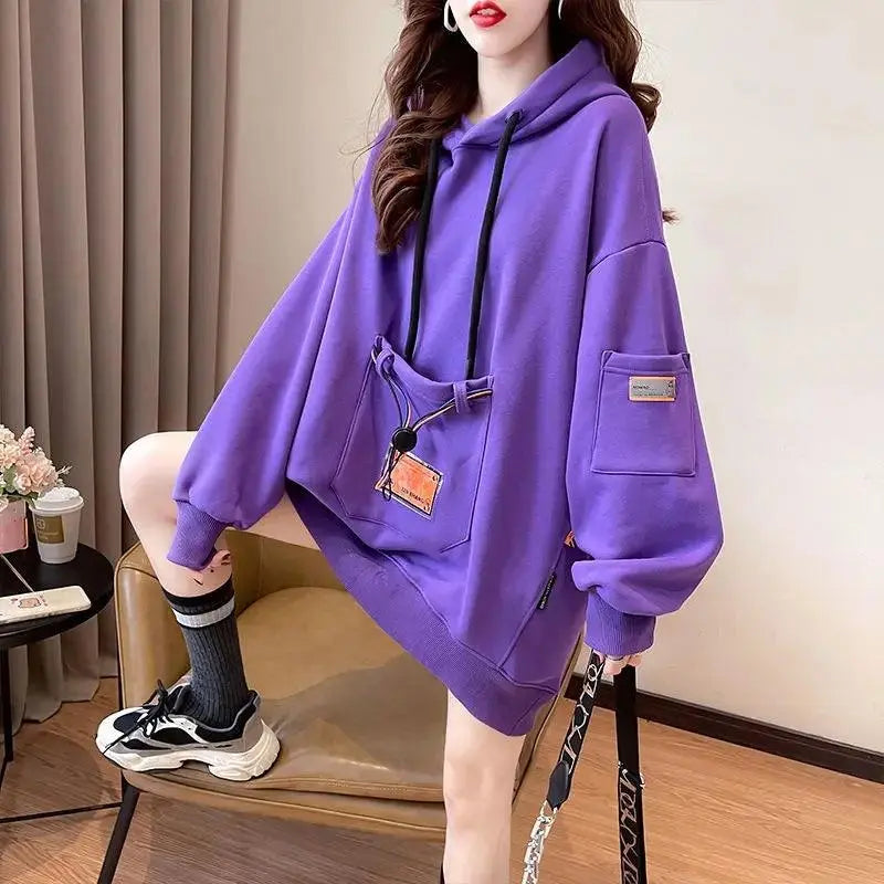 Large Size 200 Pounds Medium Long Hooded Sweatshirt Women's Thin 2025 New Spring Korean Version Loose Top Jacket Ins Trend Purple - Tophatter Daily Deals