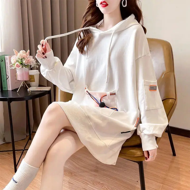 Large Size 200 Pounds Medium Long Hooded Sweatshirt Women's Thin 2025 New Spring Korean Version Loose Top Jacket Ins Trend - Tophatter Daily Deals