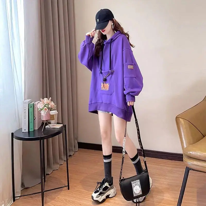 Large Size 200 Pounds Medium Long Hooded Sweatshirt Women's Thin 2025 New Spring Korean Version Loose Top Jacket Ins Trend - Tophatter Daily Deals