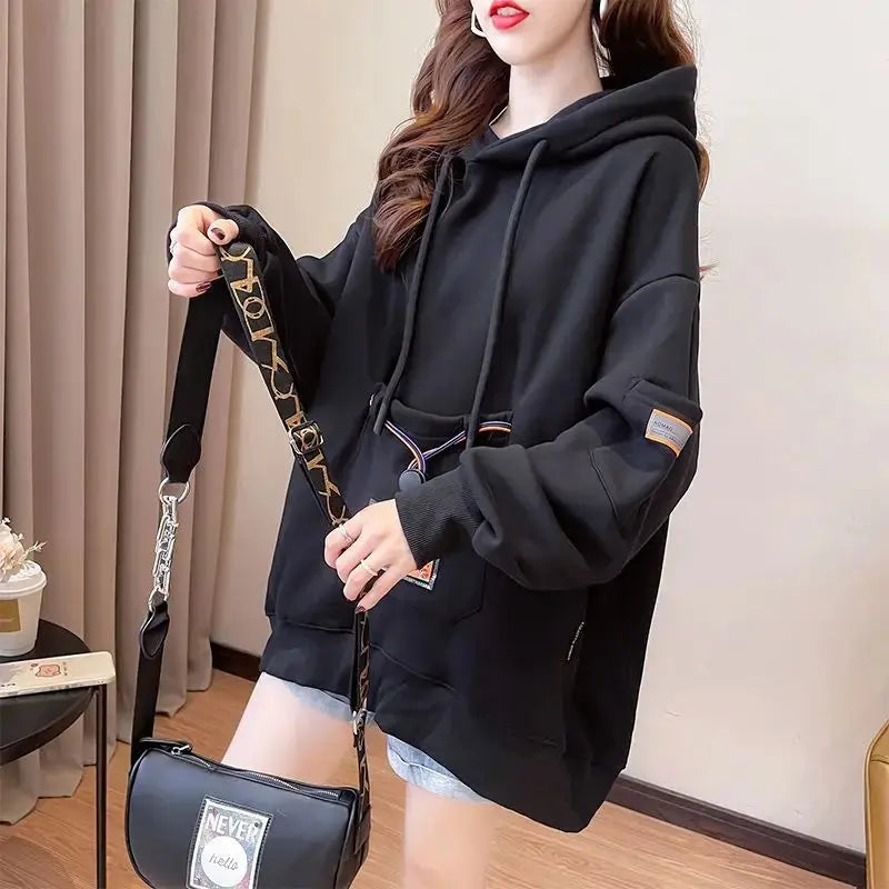 Large Size 200 Pounds Medium Long Hooded Sweatshirt Women's Thin 2025 New Spring Korean Version Loose Top Jacket Ins Trend - Tophatter Daily Deals