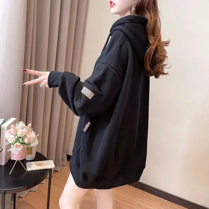 Large Size 200 Pounds Medium Long Hooded Sweatshirt Women's Thin 2025 New Spring Korean Version Loose Top Jacket Ins Trend - Tophatter Daily Deals