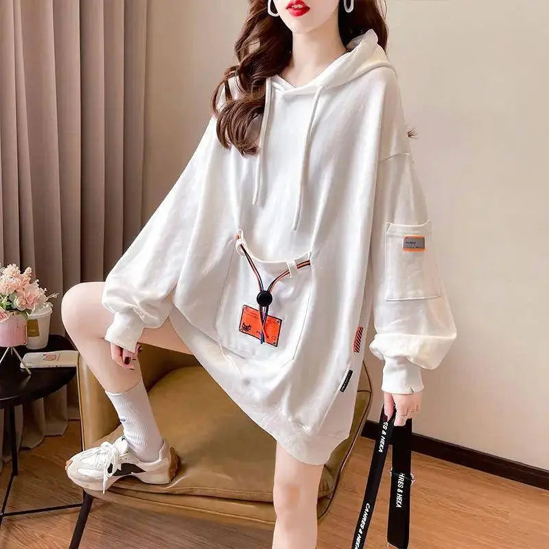 Large Size 200 Pounds Medium Long Hooded Sweatshirt Women's Thin 2025 New Spring Korean Version Loose Top Jacket Ins Trend - Tophatter Daily Deals