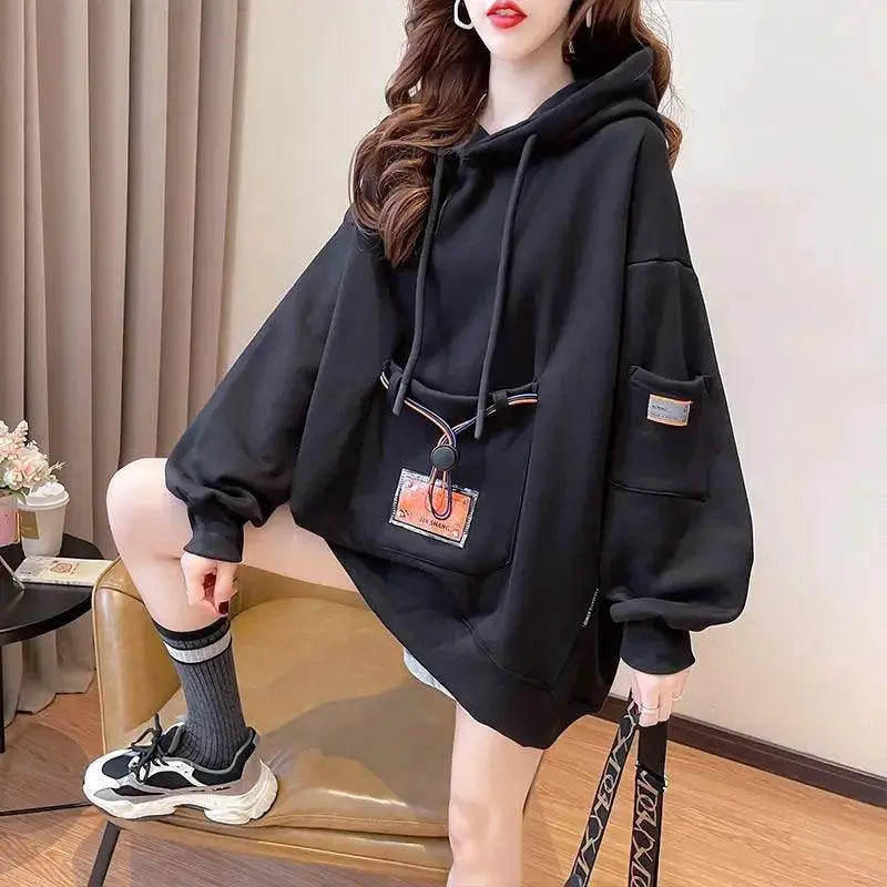 Large Size 200 Pounds Medium Long Hooded Sweatshirt Women's Thin 2025 New Spring Korean Version Loose Top Jacket Ins Trend - Tophatter Daily Deals