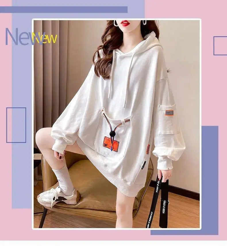 Large Size 200 Pounds Medium Long Hooded Sweatshirt Women's Thin 2025 New Spring Korean Version Loose Top Jacket Ins Trend - Tophatter Daily Deals