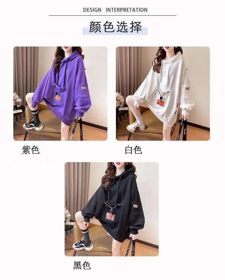 Large Size 200 Pounds Medium Long Hooded Sweatshirt Women's Thin 2025 New Spring Korean Version Loose Top Jacket Ins Trend - Tophatter Daily Deals